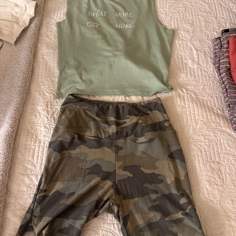 Green Tank Top and Camouflage Leggings